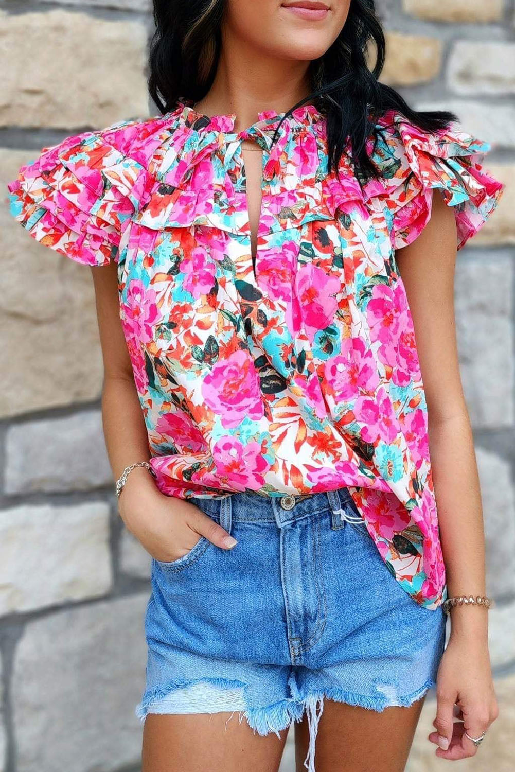 Ruffle Flutter Sleeve Floral Print Blouse