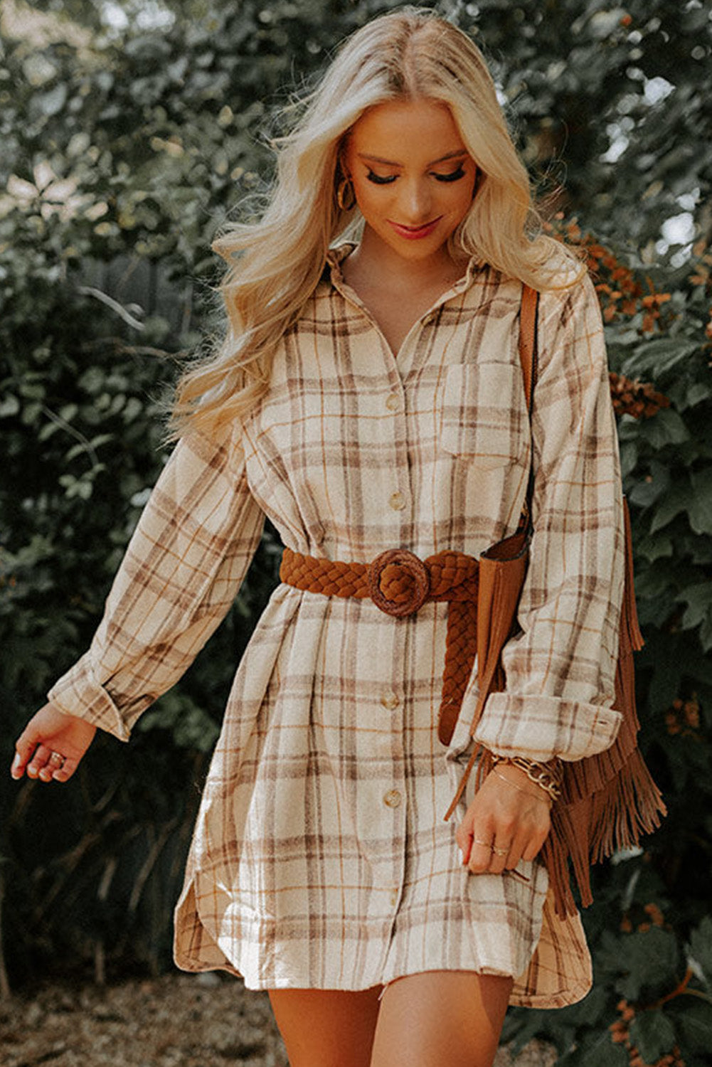 Khaki Western Plaid Button Up Loose Shirt Dress