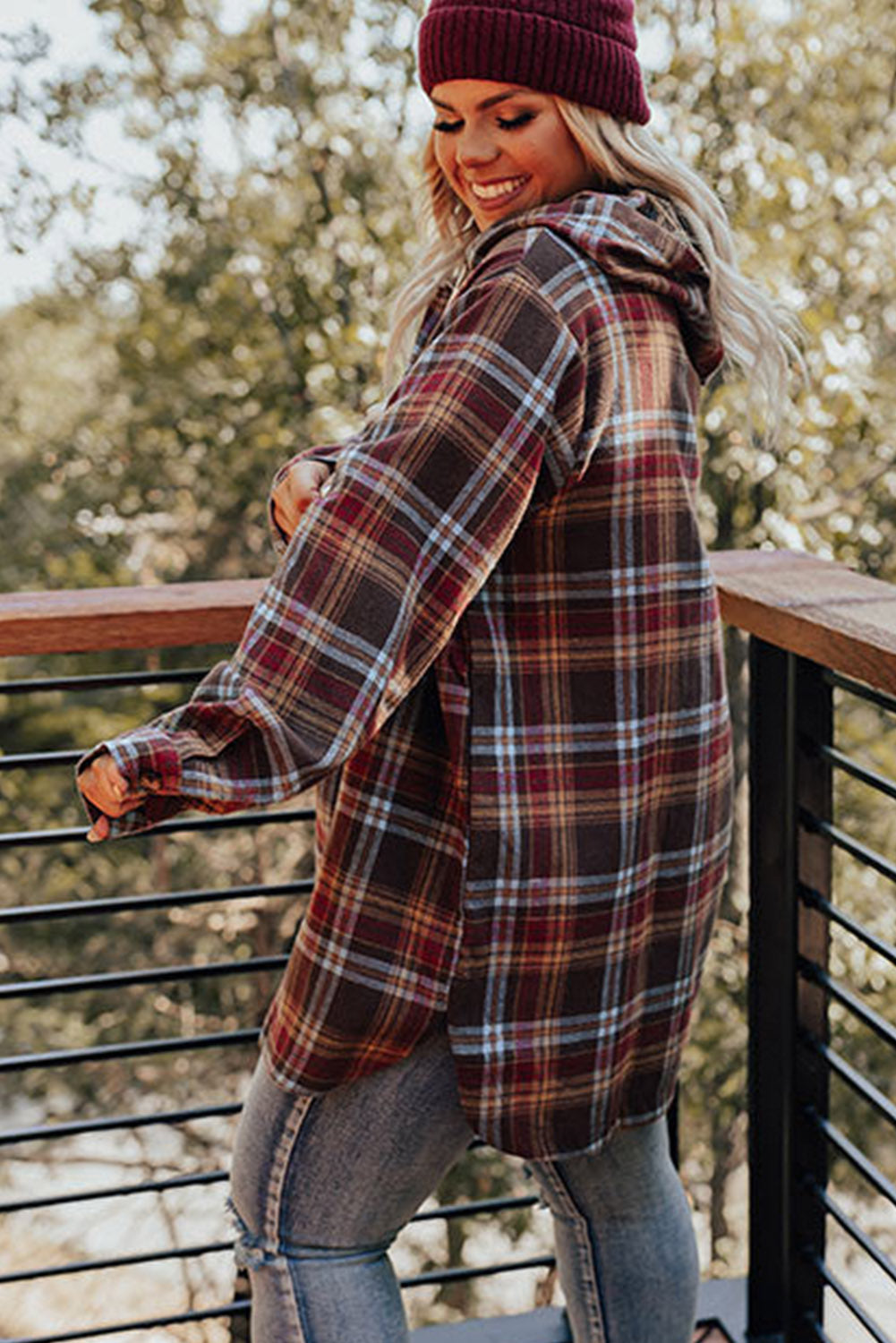 Red Plus Size Plaid Kangaroo Pocket Drawstring Hoodie