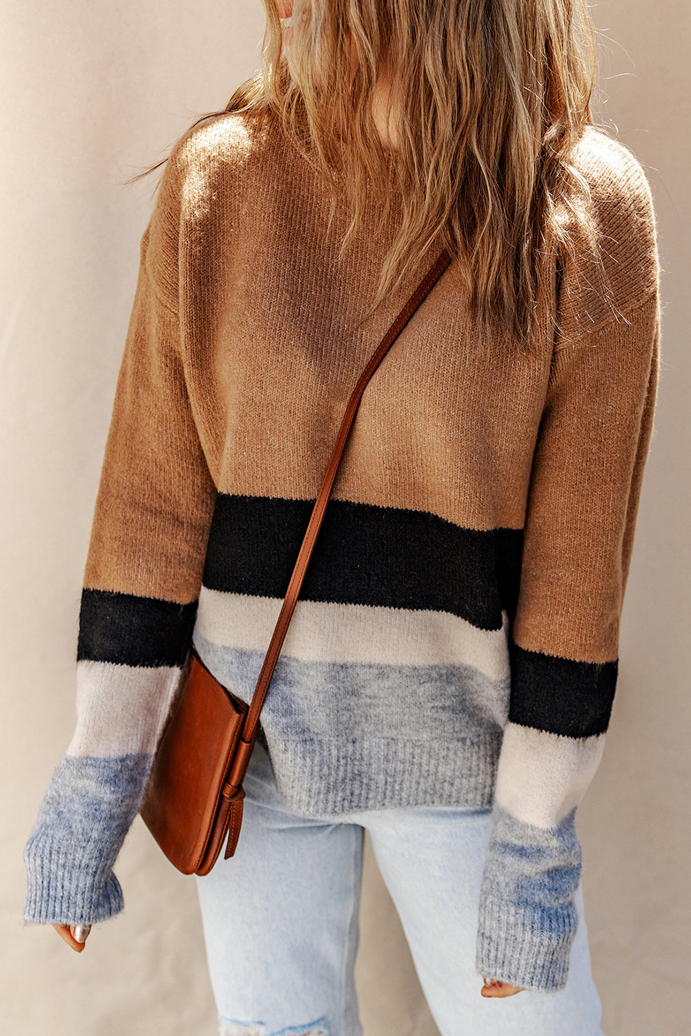 Brown Color Block Striped Ribbed Knit Sweater