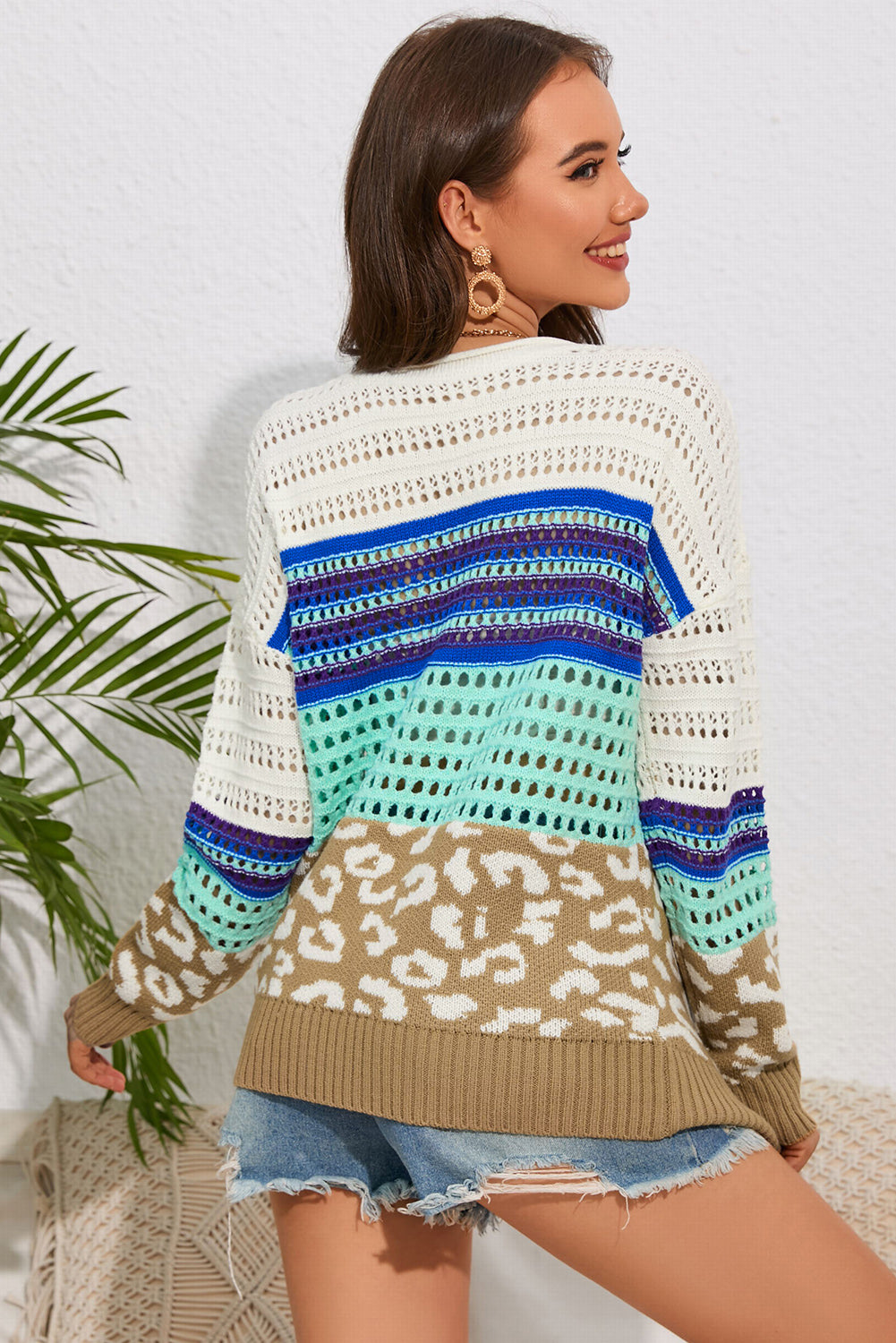 Multicolor Leopard Striped Mix Pattern Knit Crochet Sweater