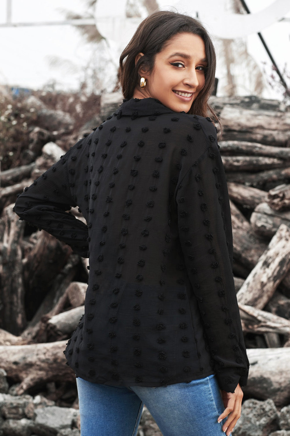 Black Long Sleeve Button Fuzzy Polka Dot Shirt