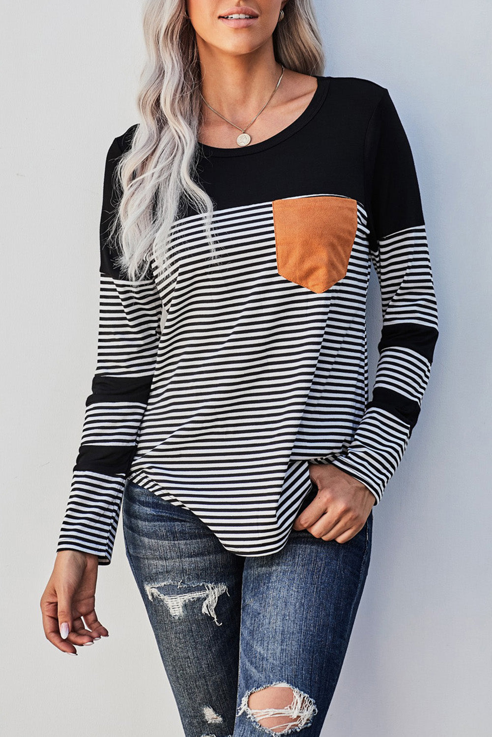 Black Pinstripe Patch Pocket Top