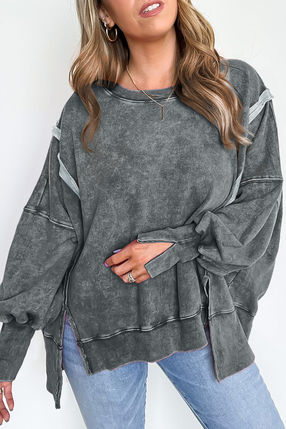 Acid Wash Relaxed Fit Seamed Pullover Sweatshirt with Slits