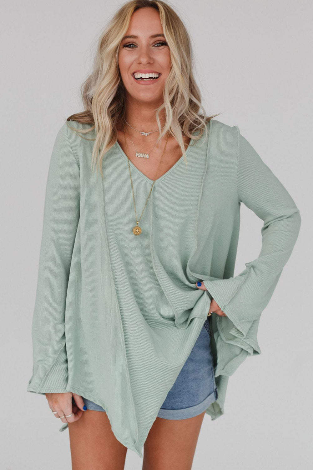 Ribbed Expose Seam Bell Sleeve Top