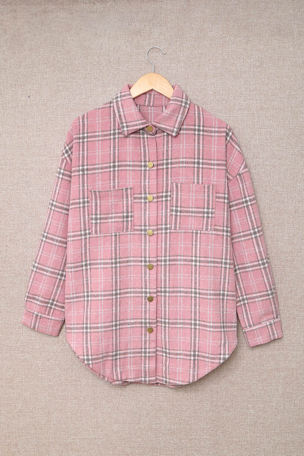 Pink Plaid Pattern Buttoned Shirt Coat with Slits