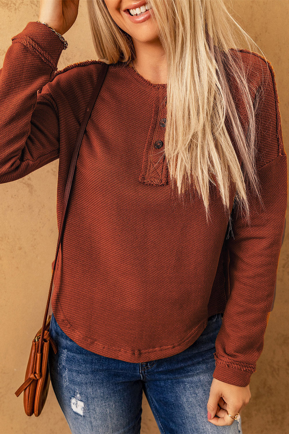 Brown Exposed Seam Drop Shoulder Henley Top