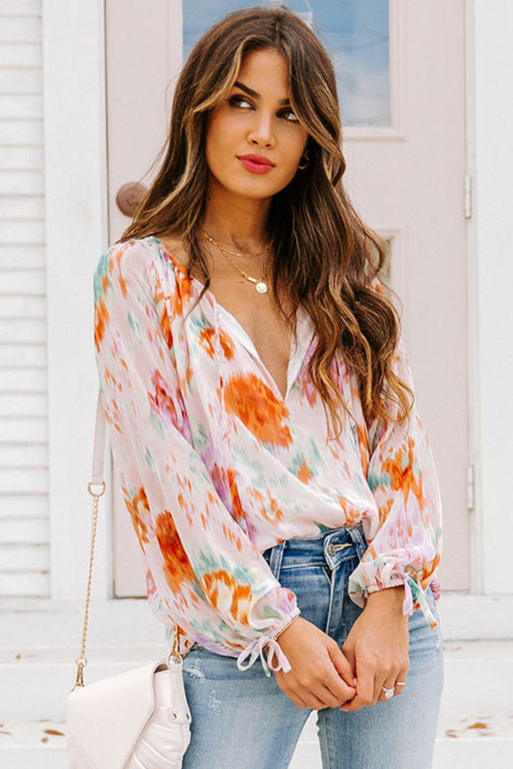 Multicolor Abstract Print Split Neck Puff Sleeve Blouse