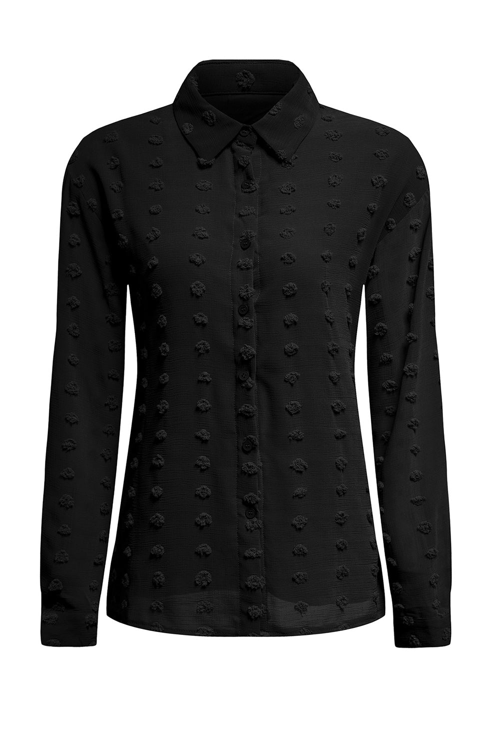 Black Long Sleeve Button Fuzzy Polka Dot Shirt