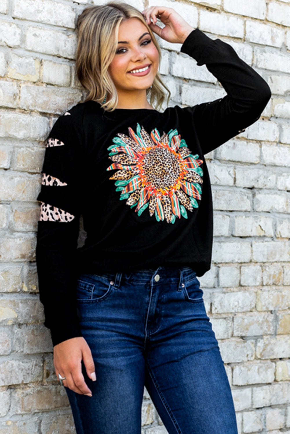 Black Leopard Sunflower Graphic One-Shoulder Sweatshirt