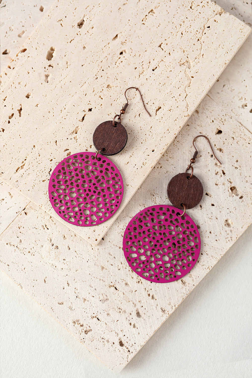 Rose Hollow Out Wooden Round Drop Earrings