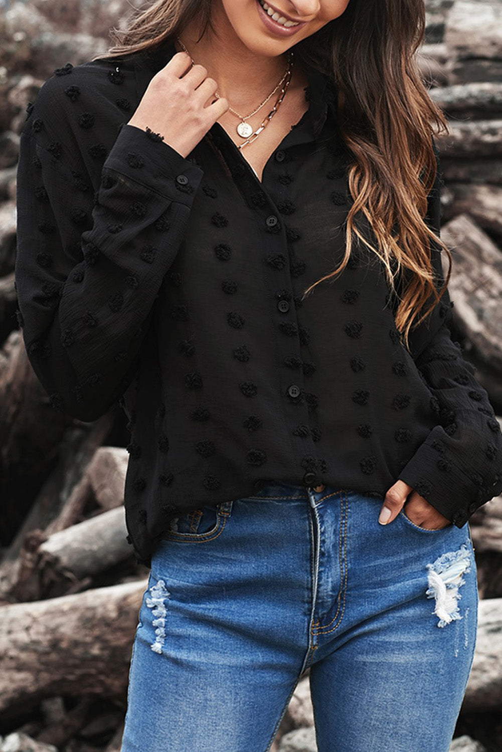 Black Long Sleeve Button Fuzzy Polka Dot Shirt