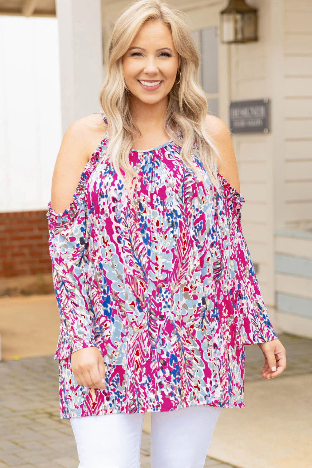 Floral Print Cold Shoulder Plus Size Top