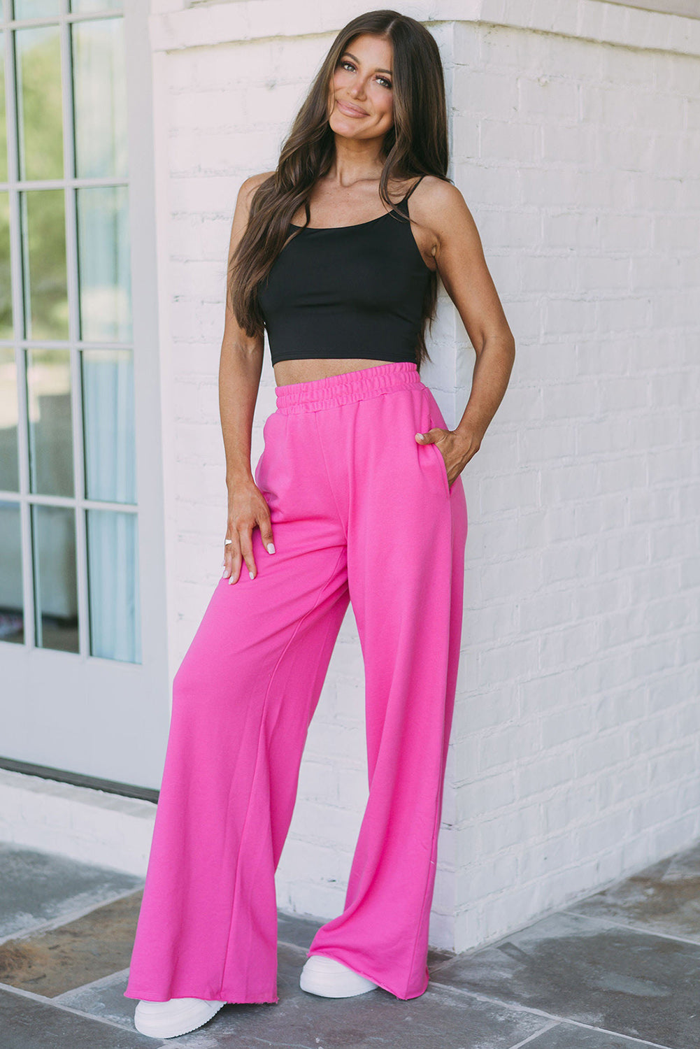 Elastic Waist Pocketed Wide Leg Pants