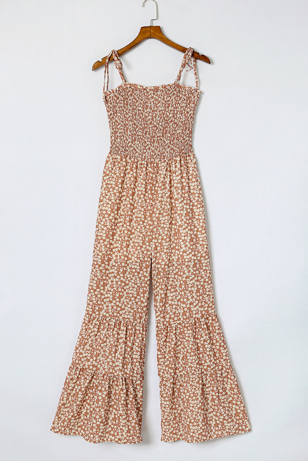 Khaki Thin Straps Smocked Bodice Wide Leg Floral Jumpsuit