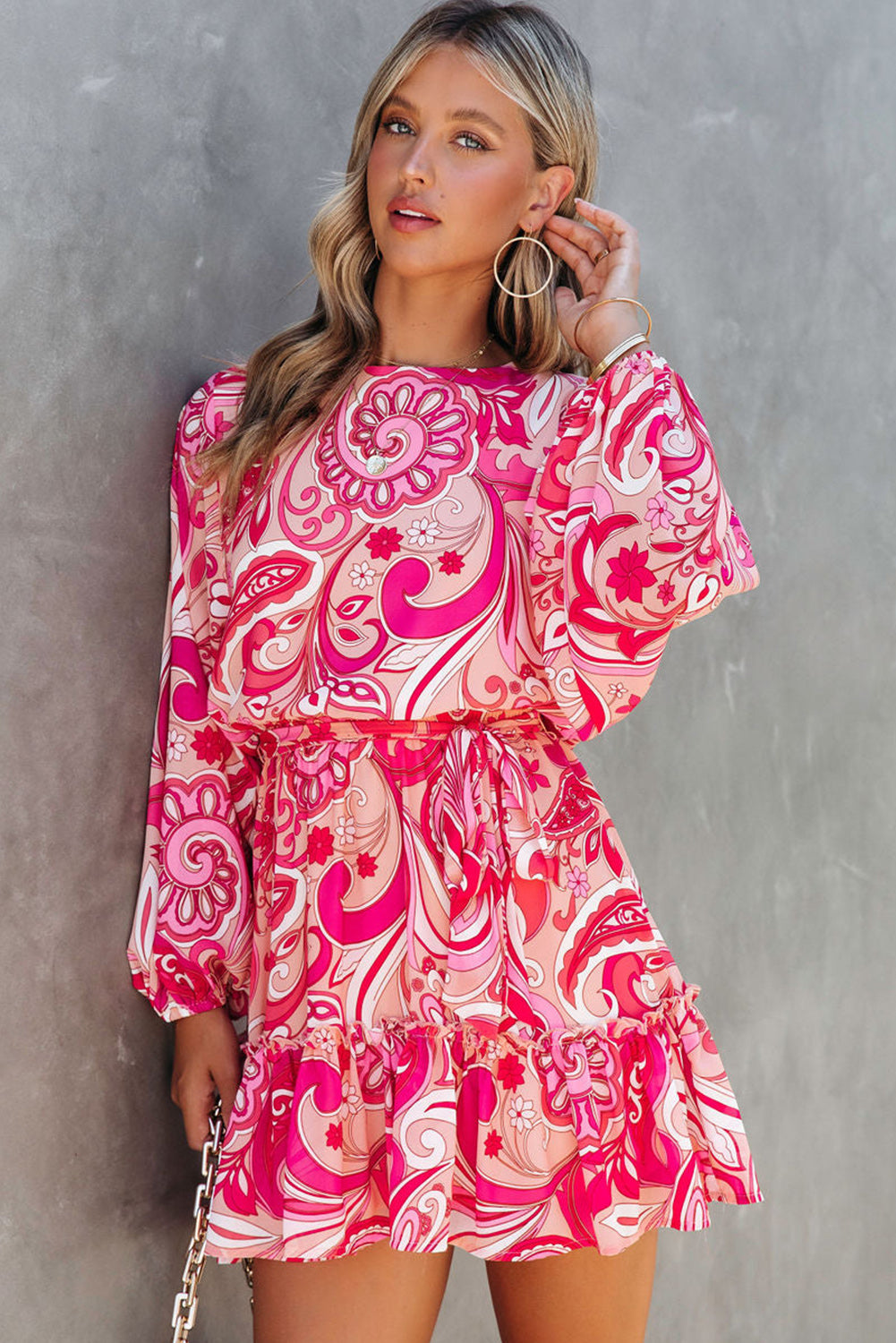 Paisley Printed Button Keyhole Back Belted Mini Dress