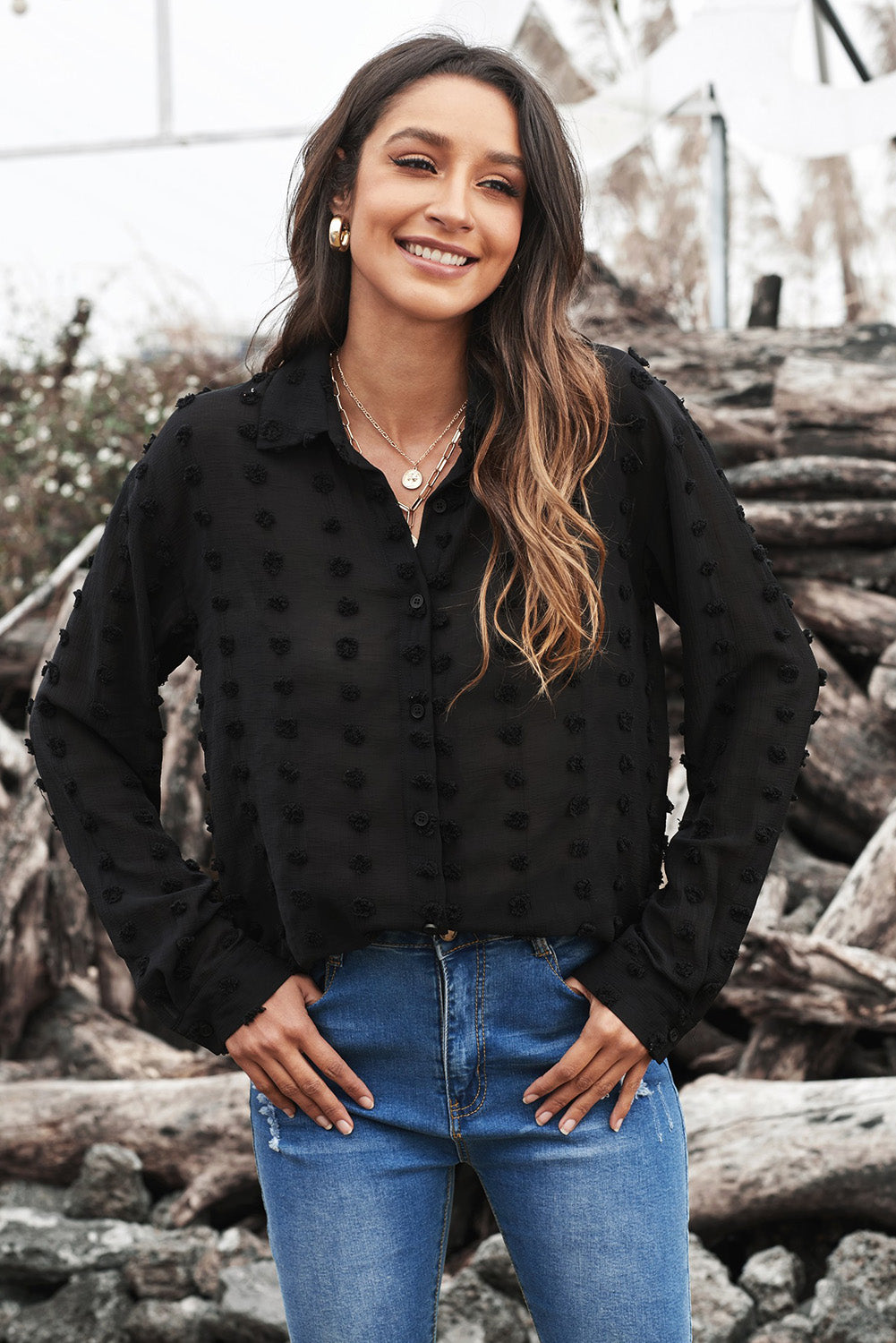 Black Long Sleeve Button Fuzzy Polka Dot Shirt