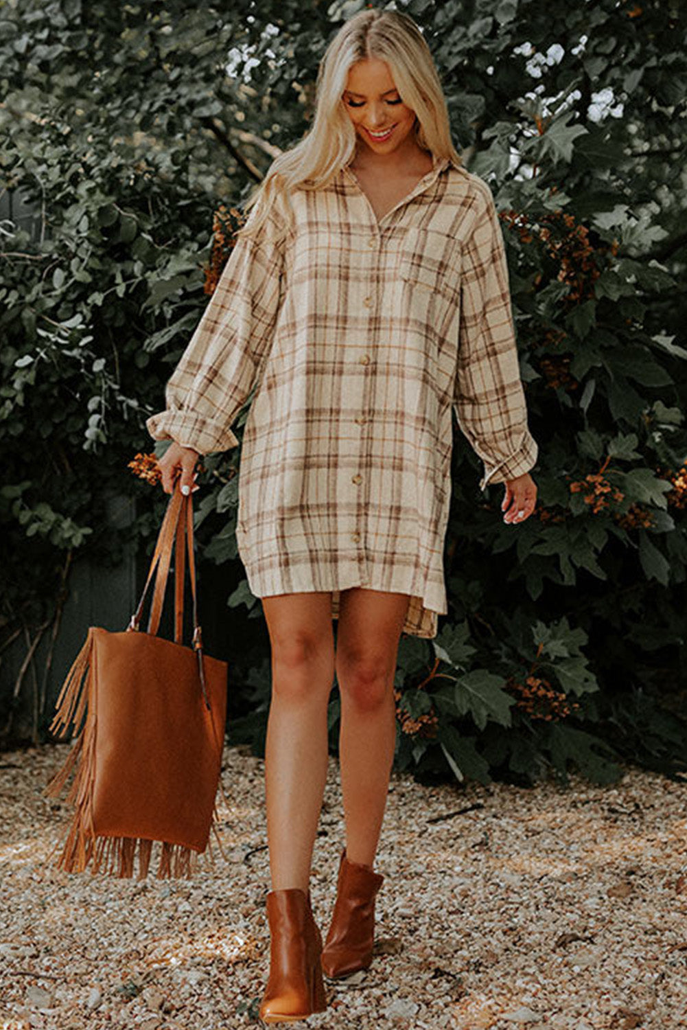 Khaki Western Plaid Button Up Loose Shirt Dress