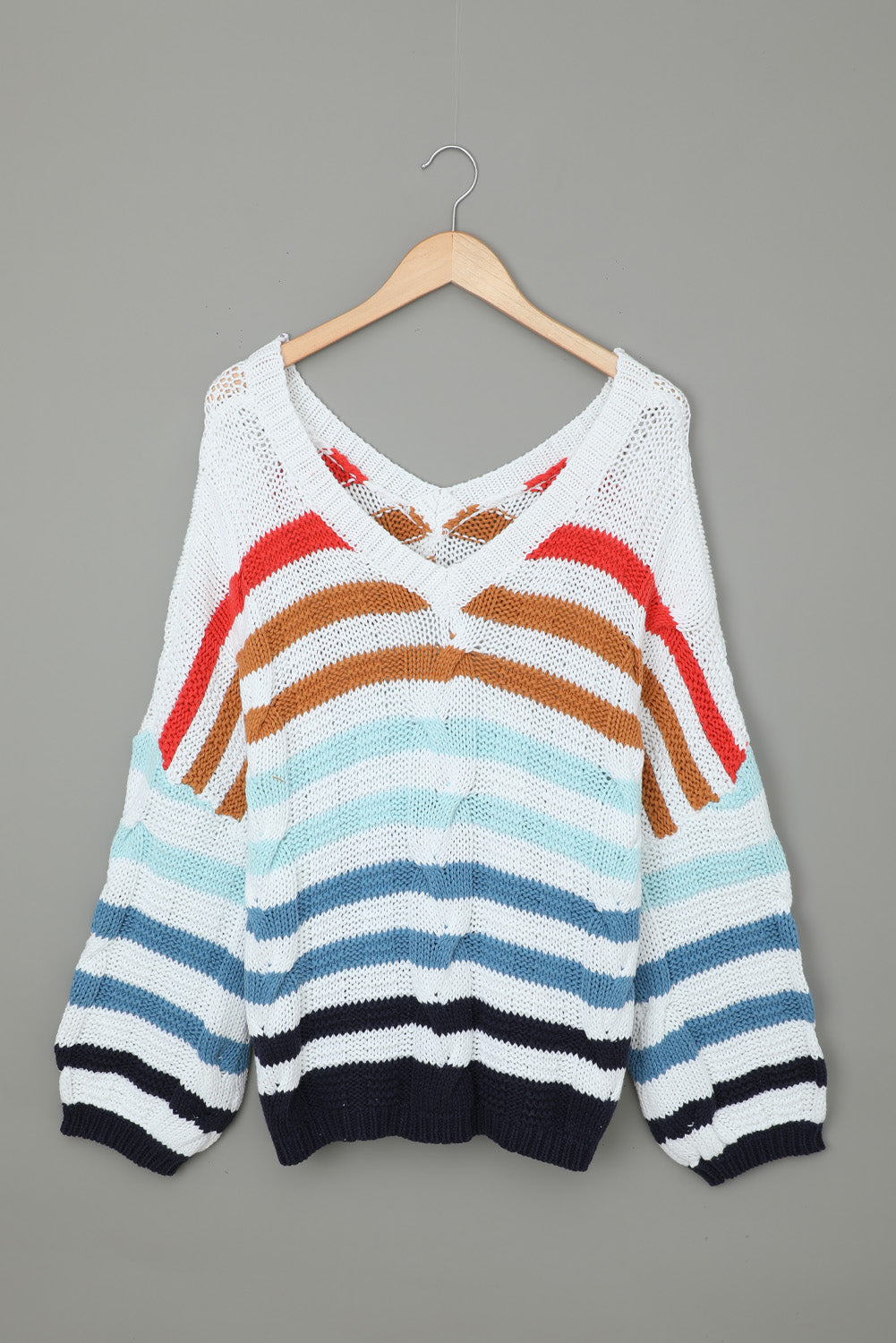 Multicolor Stripe Bubblegum V-Neck Braided Knit Sweater