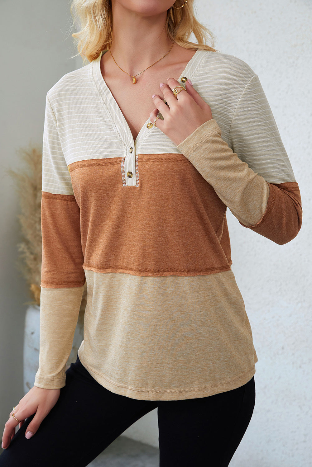 Orange Striped Color Block Henley Top