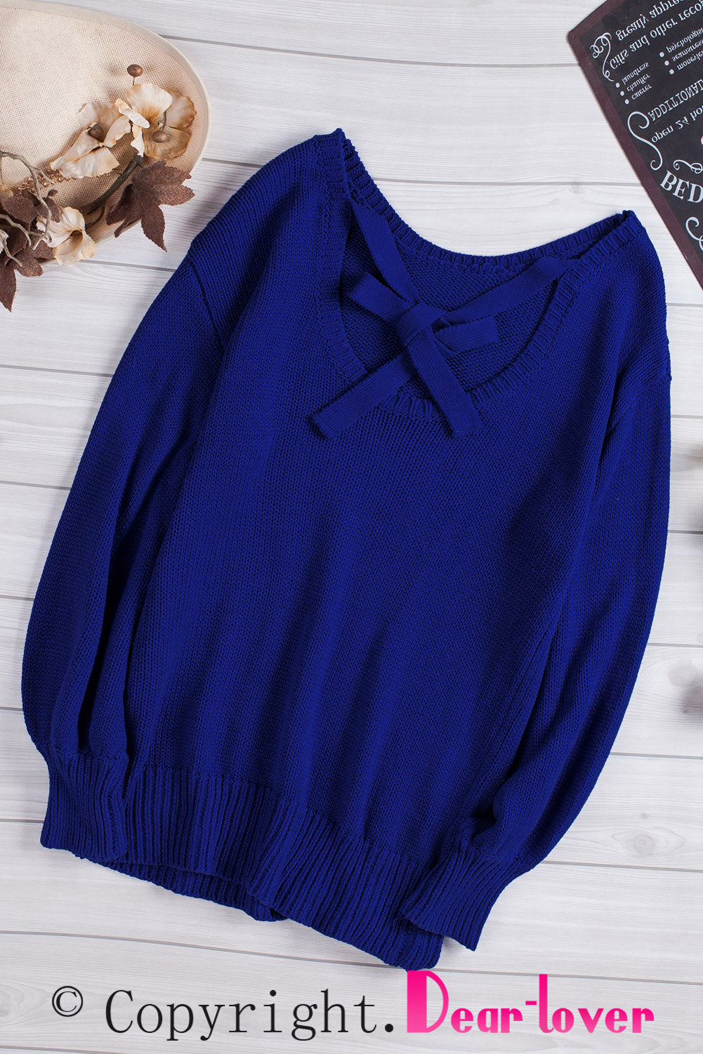 Blue Drop Shoulder Back Cut-out Sweater with Tie