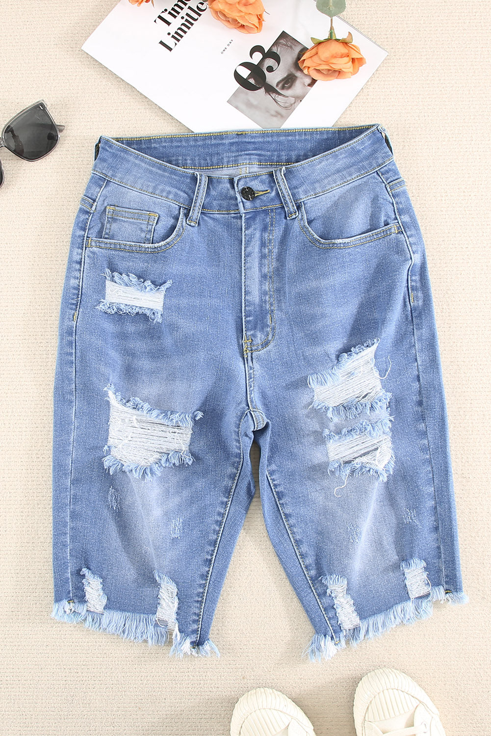 Ripped Tassel Bermuda Denim Shorts