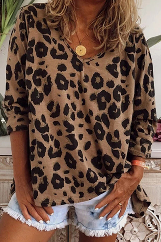 Leopard Split Joint V Neck Long Sleeve Tops