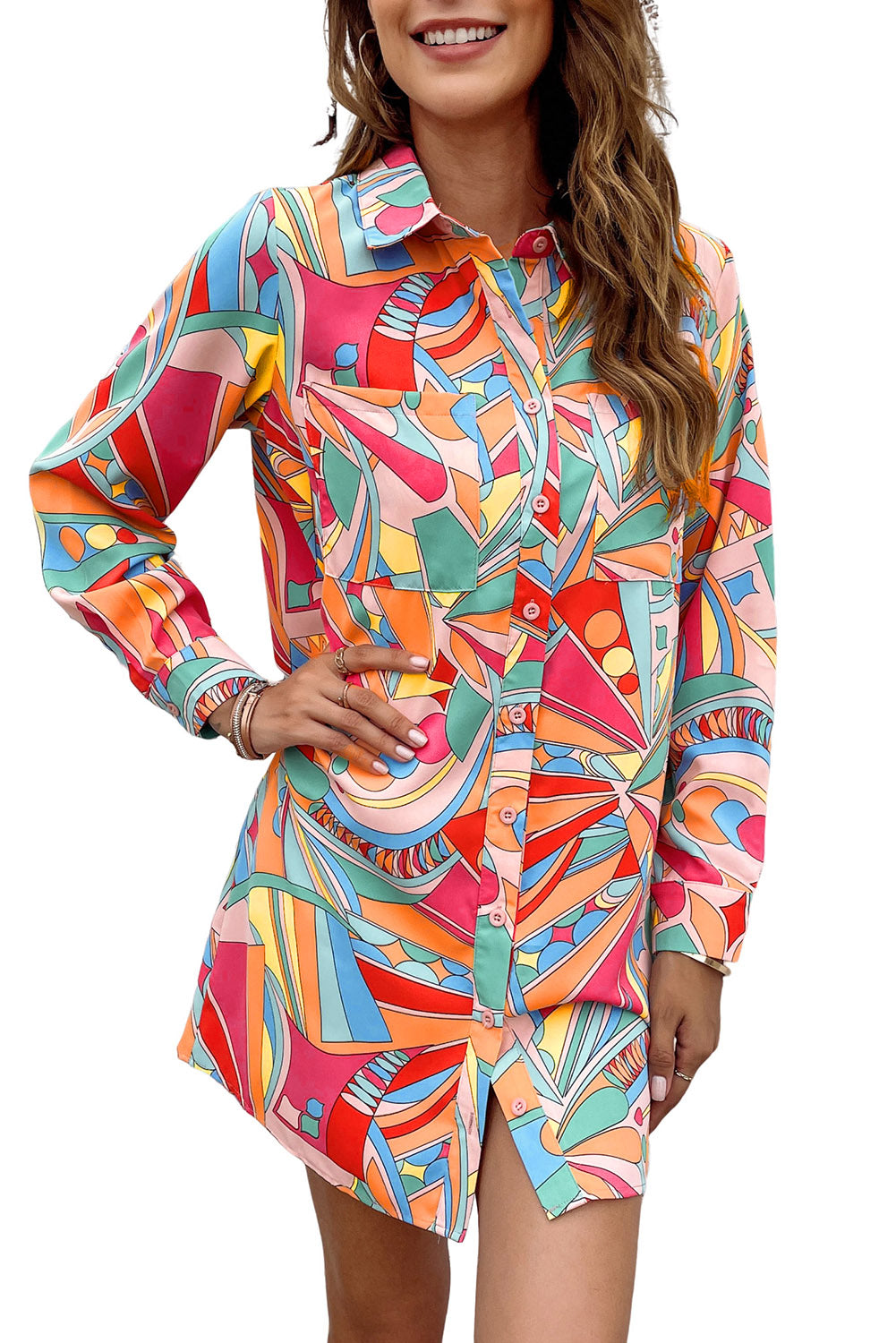 Multicolor Geometric Abstract Print Long Sleeve Shirt Dress