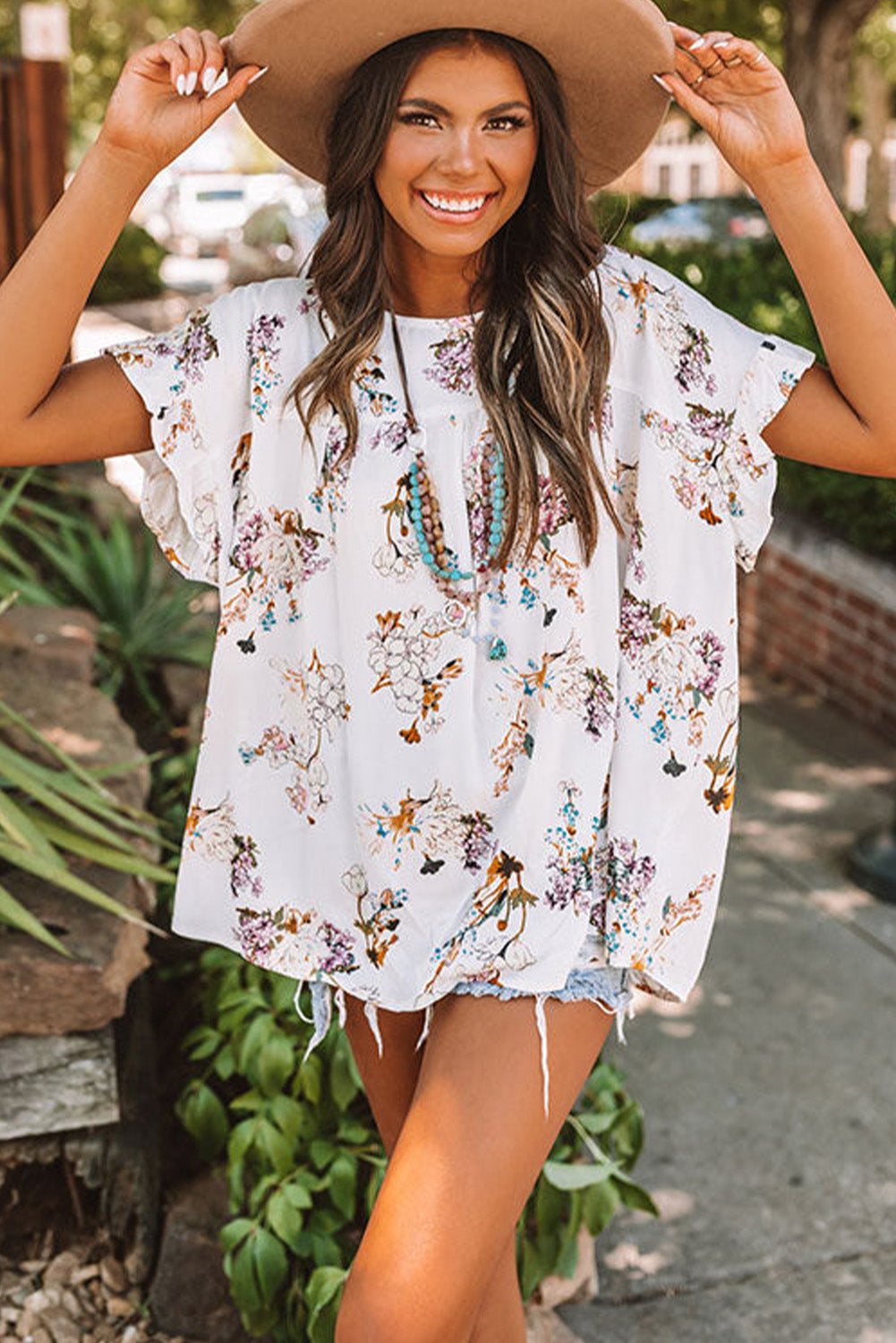 Floral Ruffled Short Sleeve Back Knot Blouse