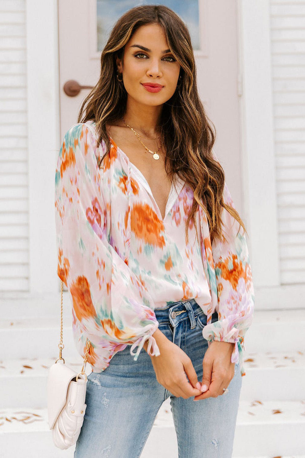 Multicolor Abstract Print Split Neck Puff Sleeve Blouse