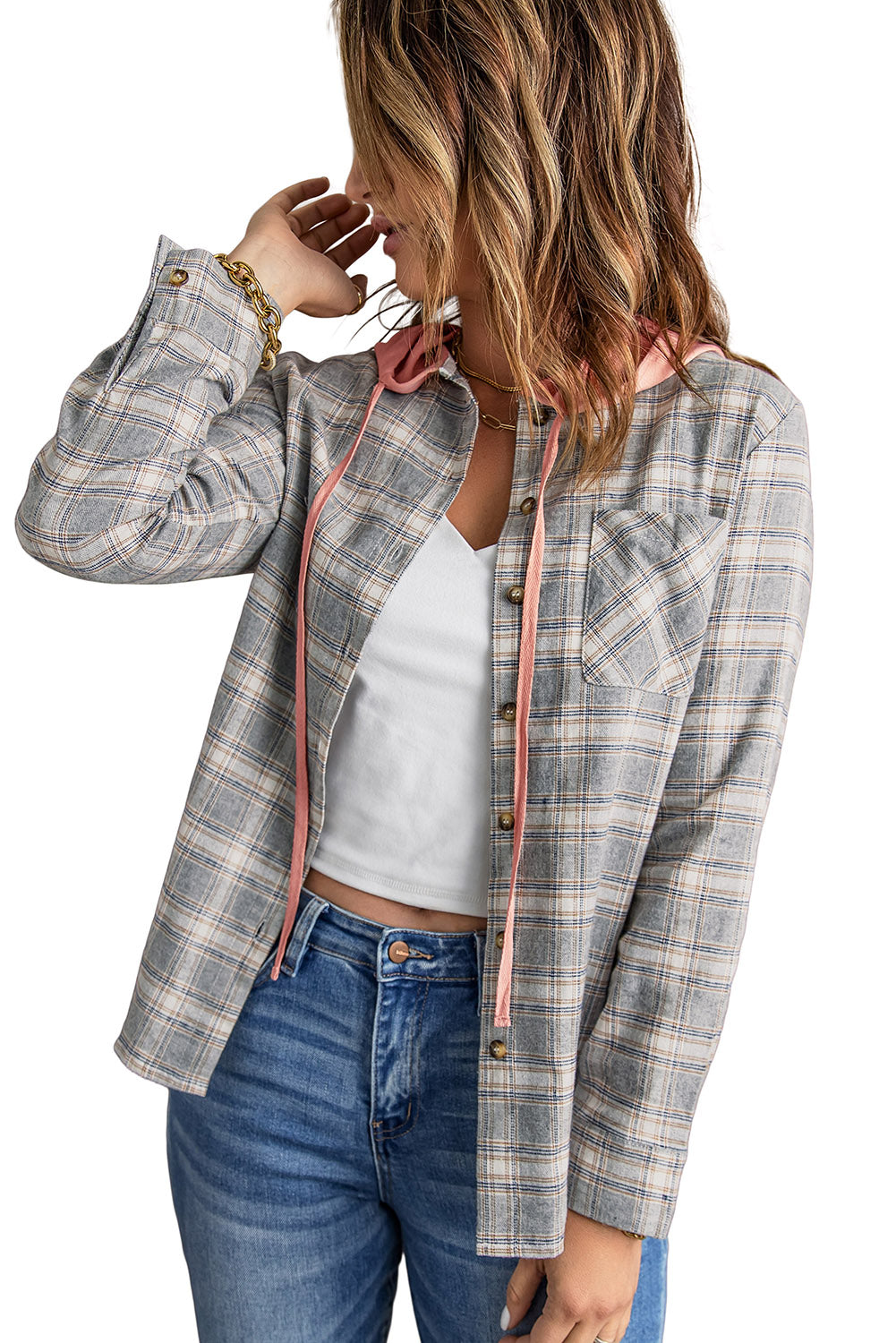 Khaki Drawstring Plaid Hooded Shacket