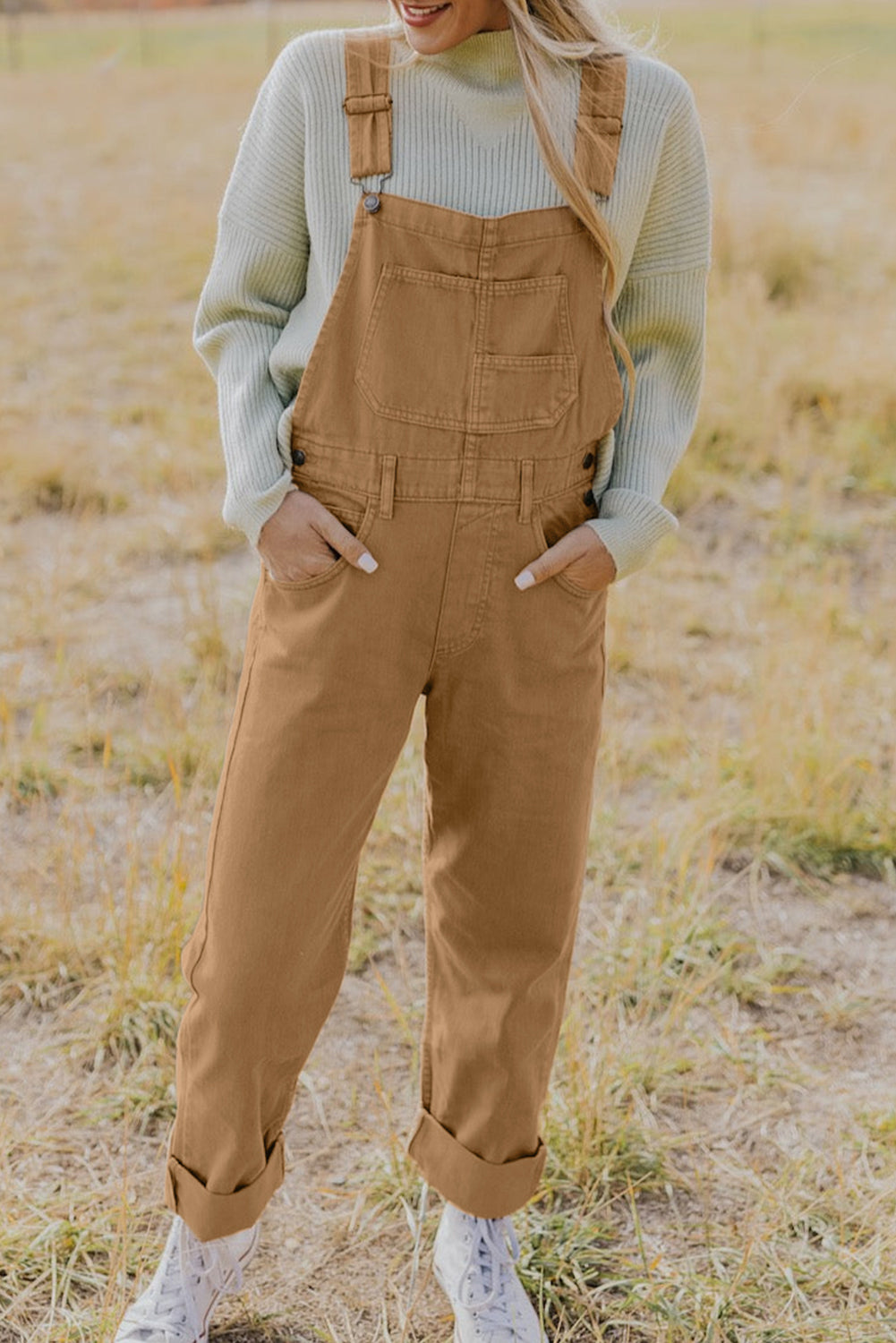 Khaki Vintage Multi Pockets Buckle Strap Cargo Denim Overalls