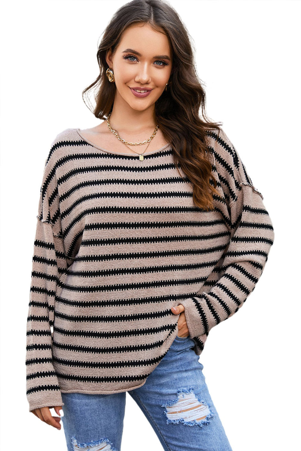 Striped Print Dropped Shoulder Loose Sleeve Sweater