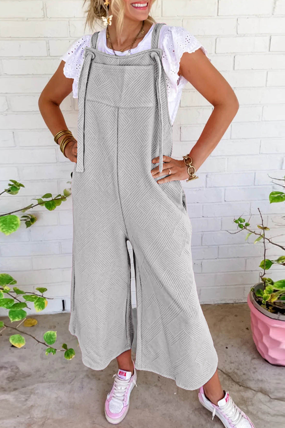 Light Grey Textured Self-Tie Strap Wide-Leg Overalls