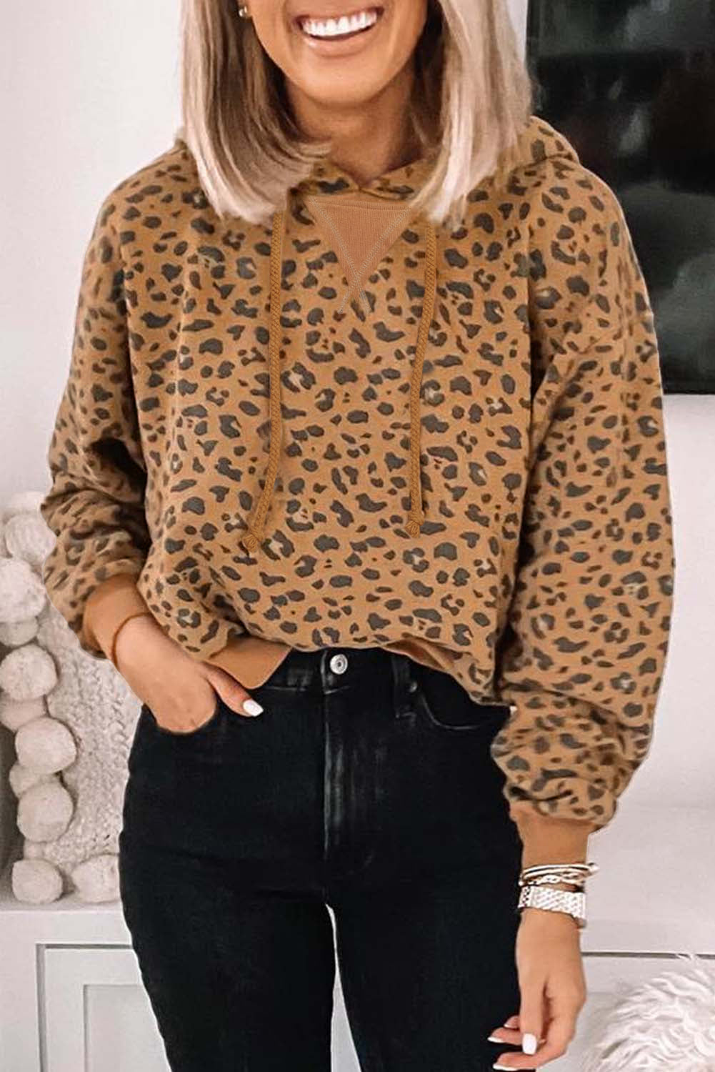 Leopard Long Sleeve Drawstring Cropped Hoodie