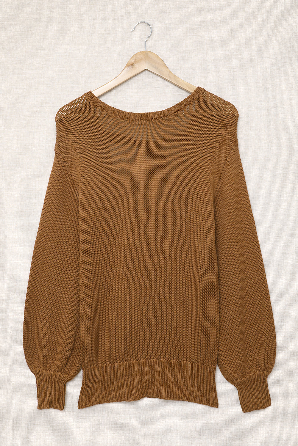 Brown Drop Shoulder Back Cut-out Sweater with Tie