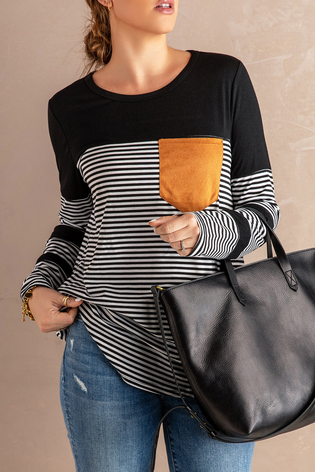 Black Pinstripe Patch Pocket Top