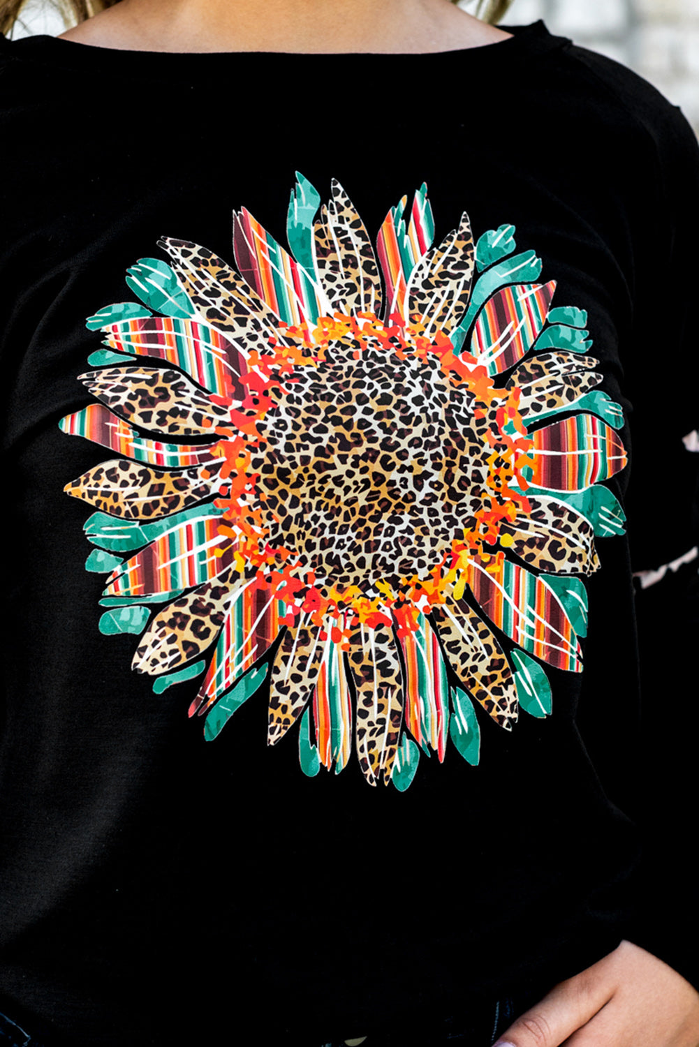 Black Leopard Sunflower Graphic One-Shoulder Sweatshirt