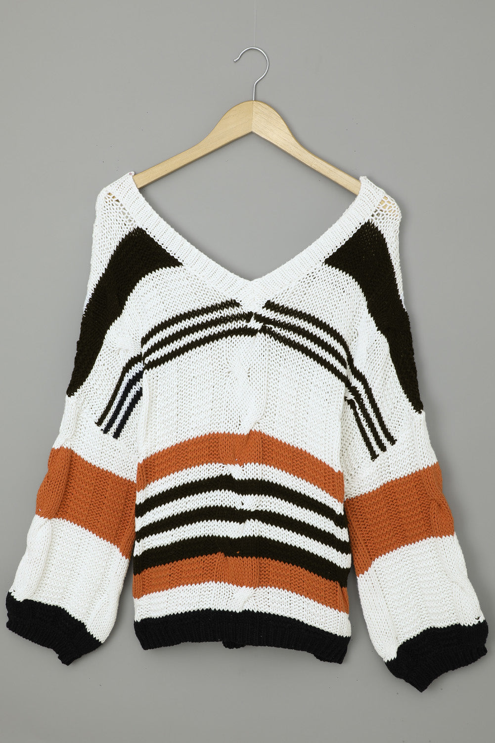 Brown Stripe Color Block Bubblegum V-Neck Braided Knit Sweater