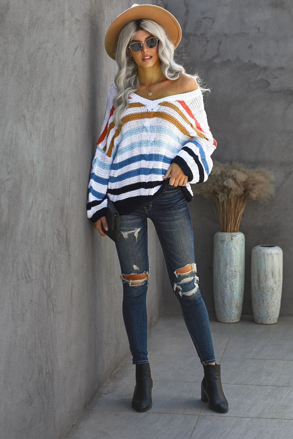 Multicolor Stripe Bubblegum V-Neck Braided Knit Sweater