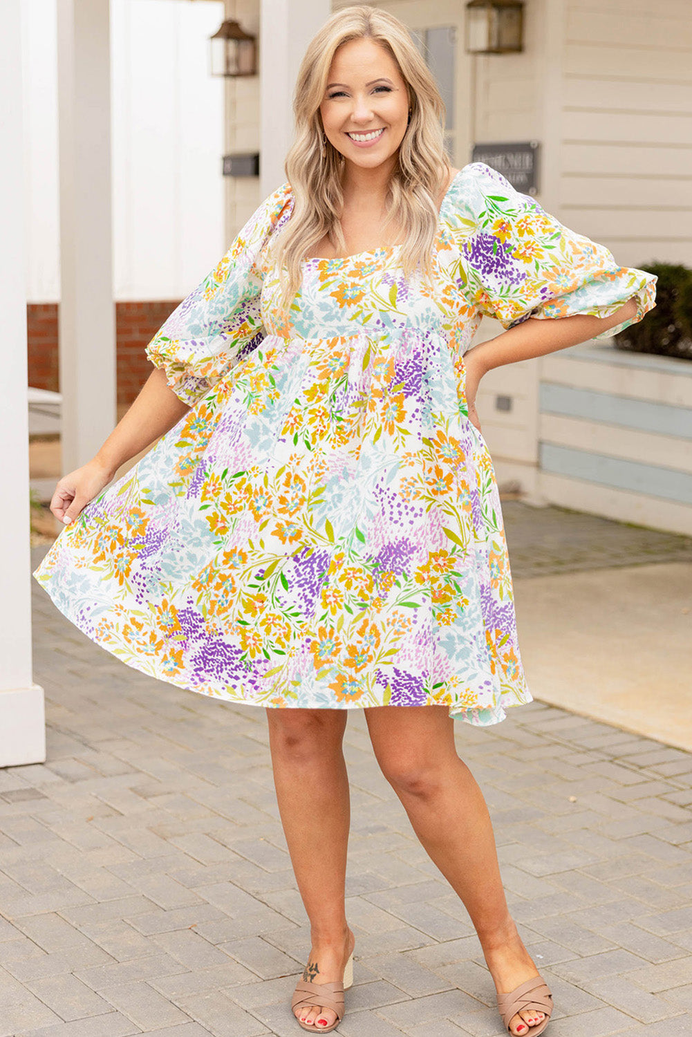 Multicolor Plus Size Floral Print Ruffle Bubble Sleeve Babydoll Dress