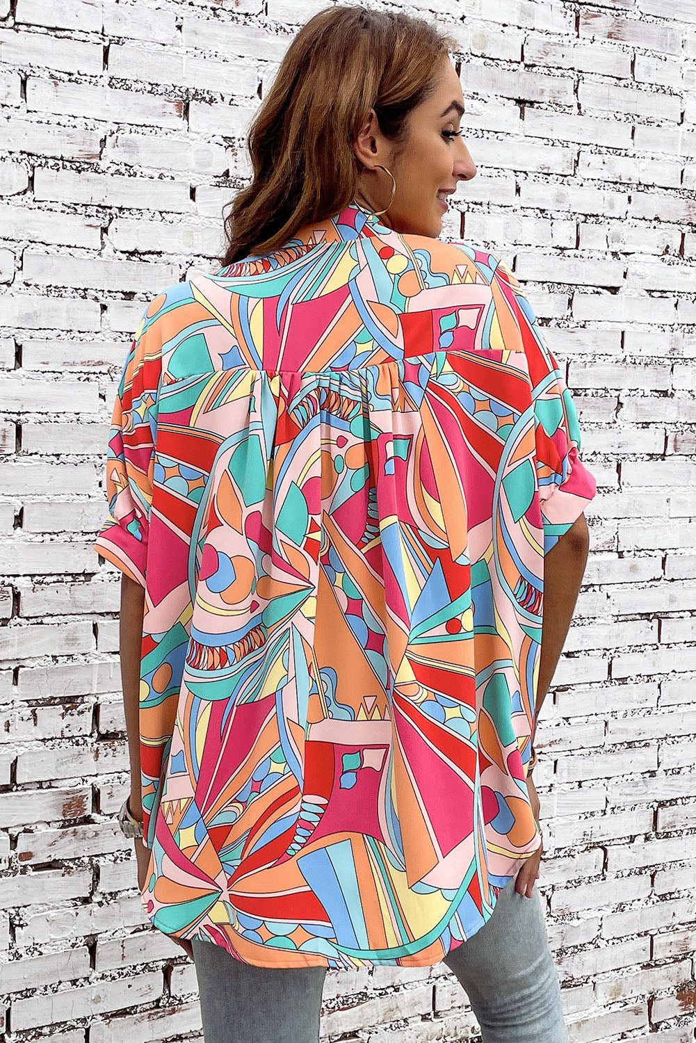 Multicolor Geometric Abstract Print Long Sleeve Shirt Dress