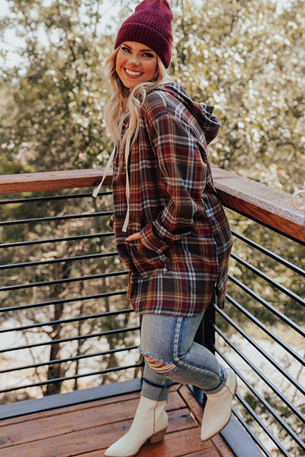 Red Plus Size Plaid Kangaroo Pocket Drawstring Hoodie