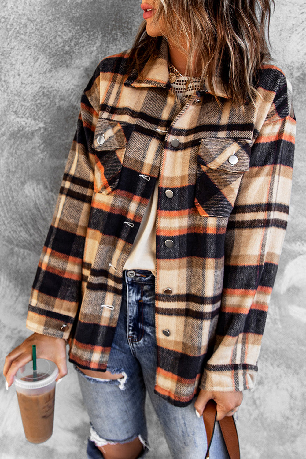 Orange Geometric Plaid Print Pocketed Shacket