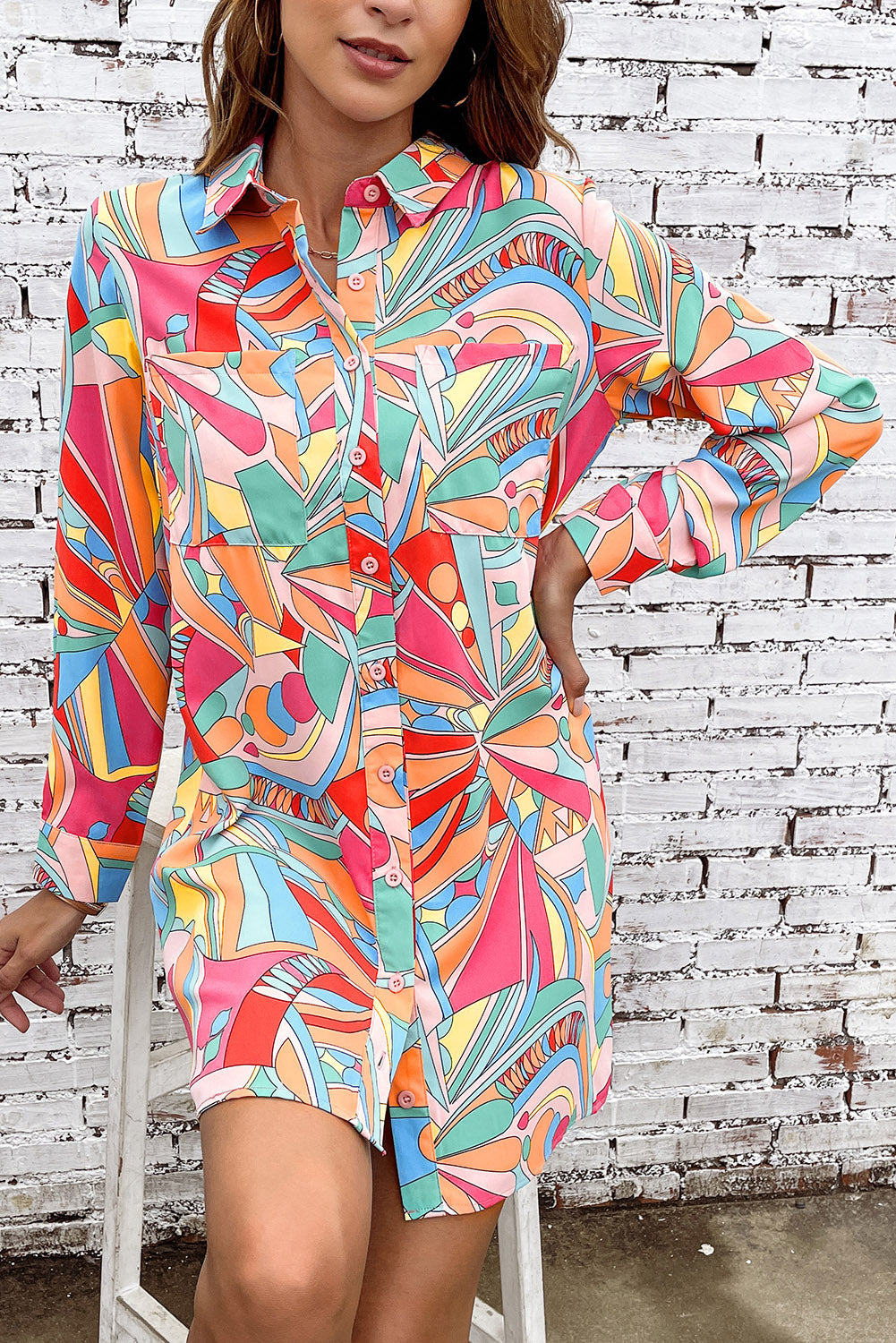 Multicolor Geometric Abstract Print Long Sleeve Shirt Dress