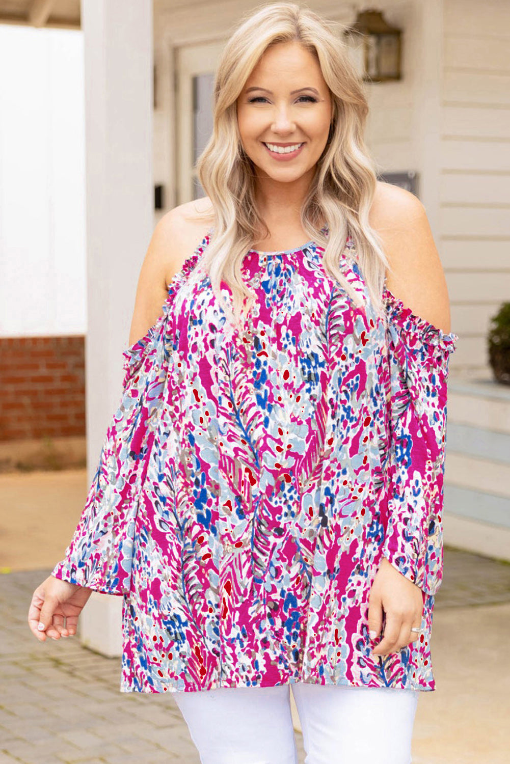 Floral Print Cold Shoulder Plus Size Top