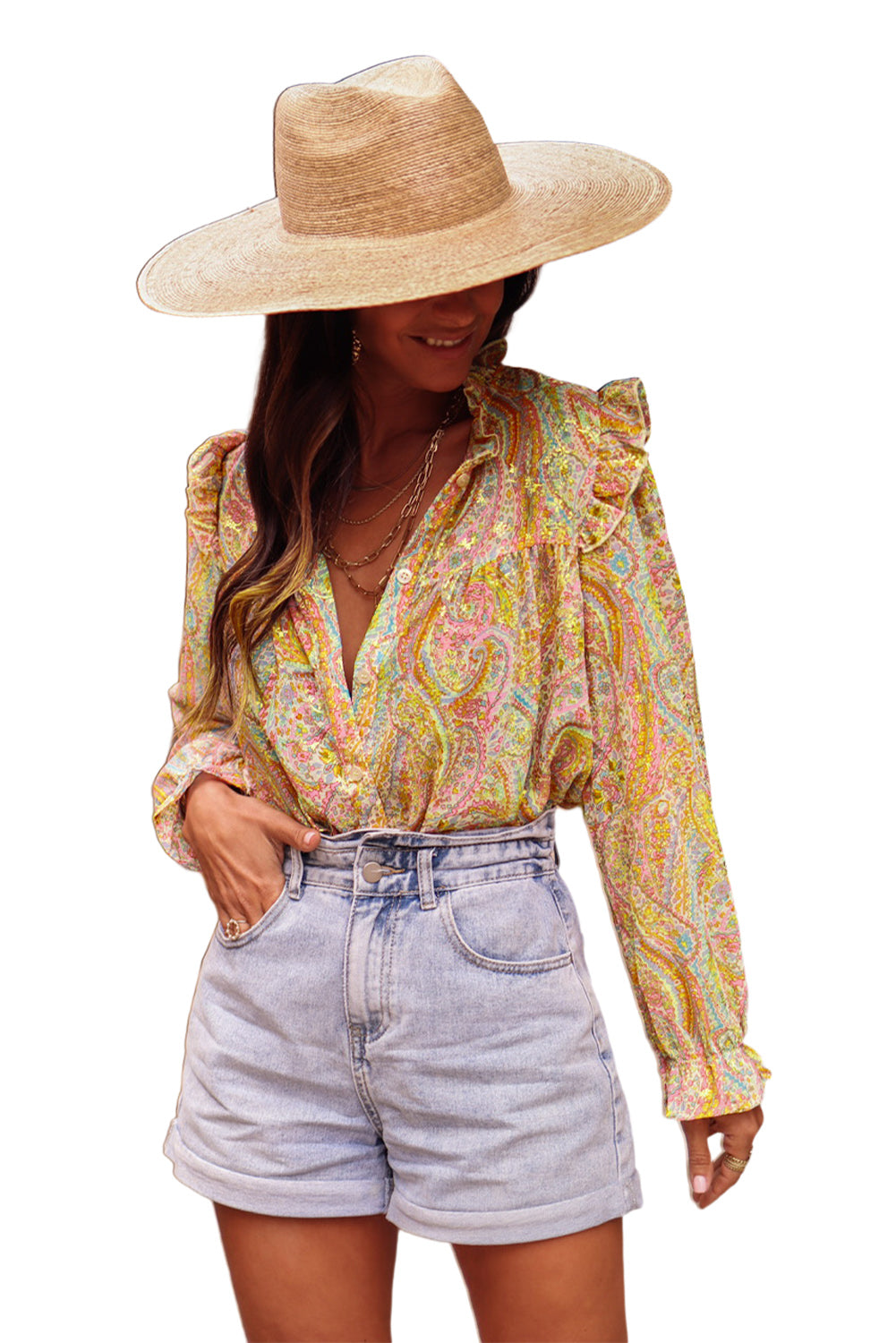 Yellow Paisley Print Ruffled Trim Boho Shirt