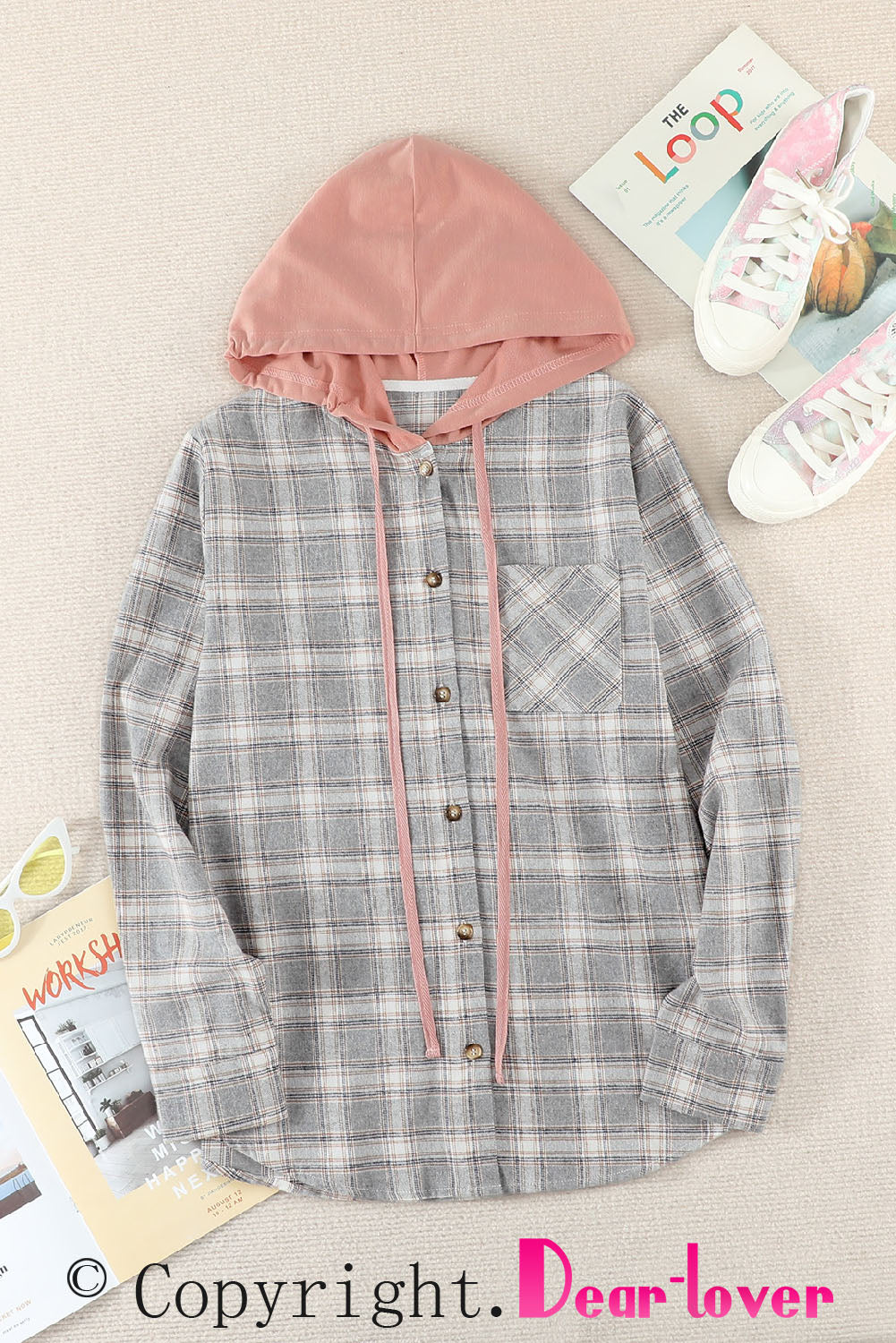 Khaki Drawstring Plaid Hooded Shacket