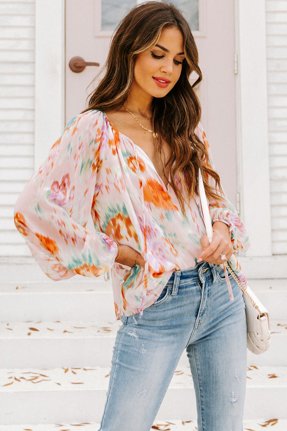 Multicolor Abstract Print Split Neck Puff Sleeve Blouse