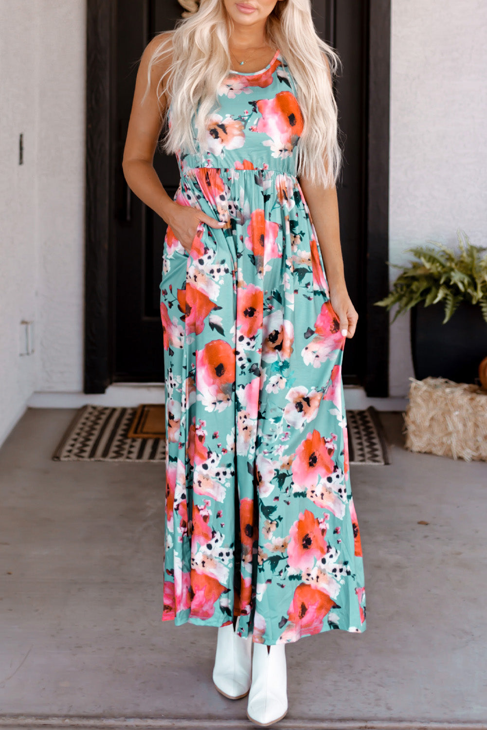 Boho Print Sleeveless High Waist Long Floral Dress